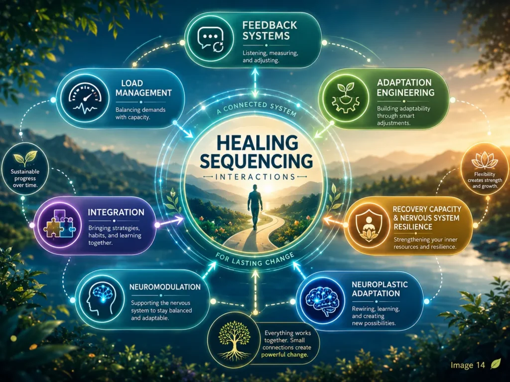 Healing Sequencing systems-map showing connections with feedback systems, load management, adaptation engineering, and integration.