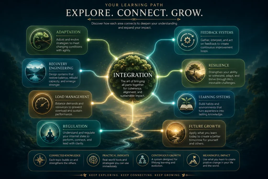 Continue Learning About Integration Knowledge-map infographic linking integration with adaptation, resilience, feedback systems and recovery engineering.