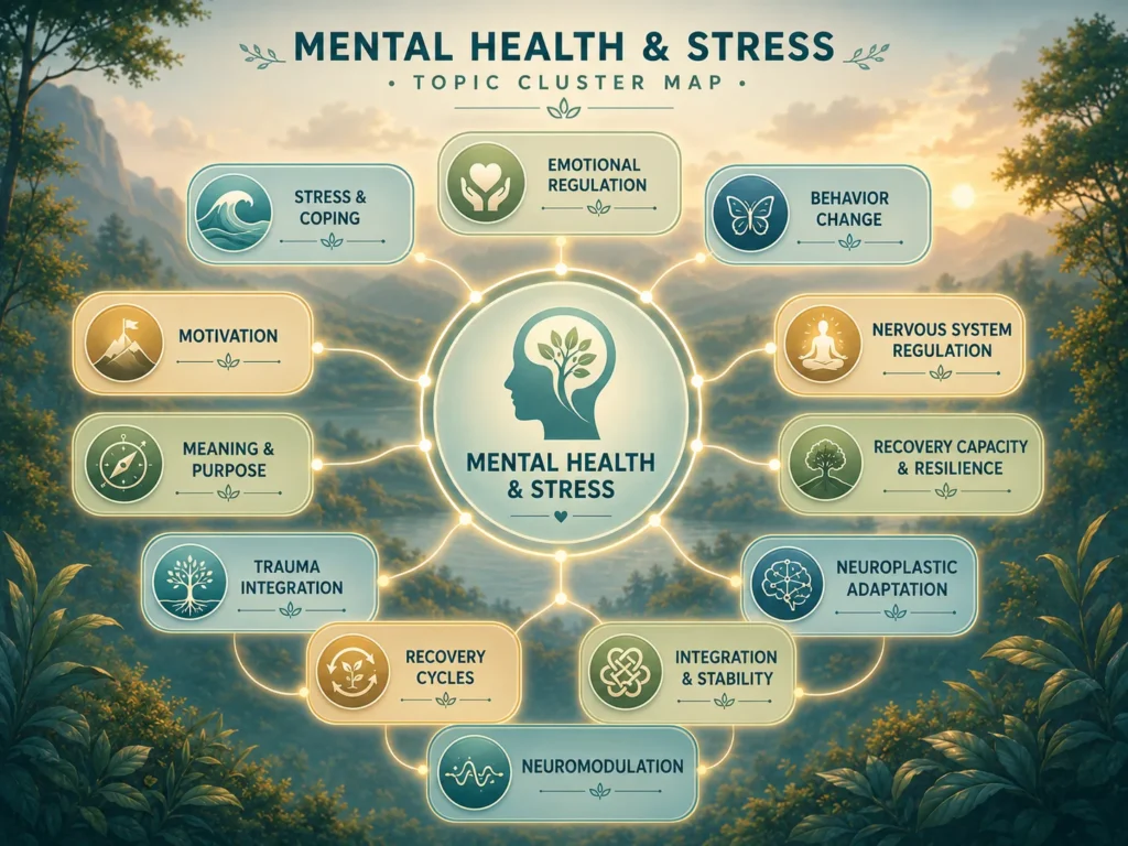 Mental Health and Stress Topic Cluster Placement Mental Health and Stress topic cluster map showing Emotional Regulation, Stress and Coping, Motivation, Behavior Change, Resilience, and Nervous System Regulation.