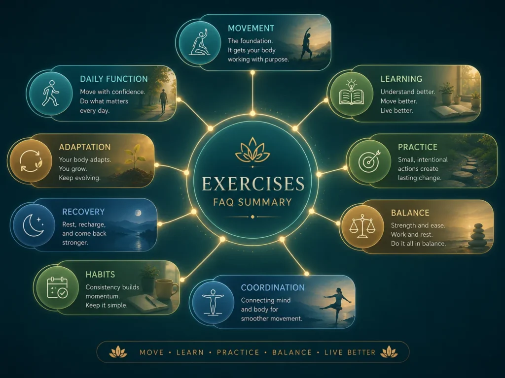 Exercises FAQ Summary Exercises FAQ summary infographic showing movement, learning, habits, recovery, adaptation, balance, coordination, and daily function.