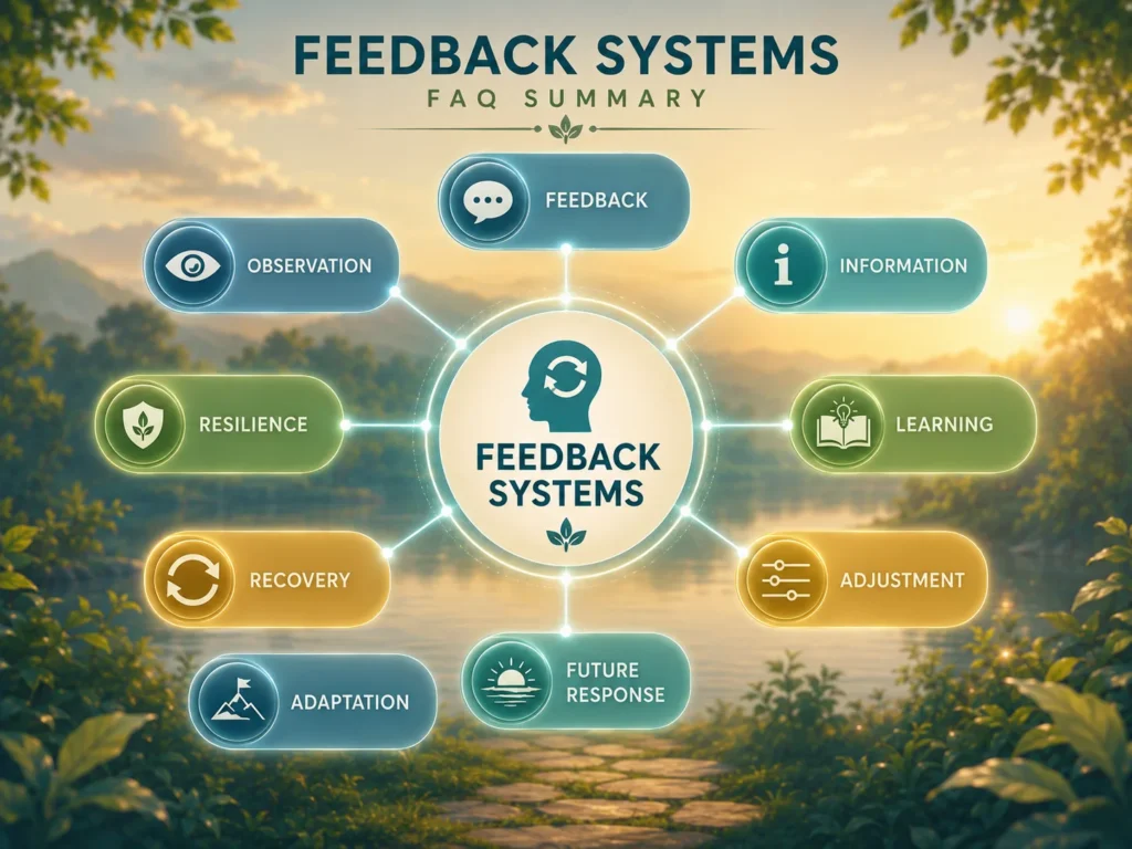 Feedback Systems FAQ Summary Feedback Systems FAQ summary infographic showing feedback, learning, adjustment, adaptation, recovery, resilience, and future response.