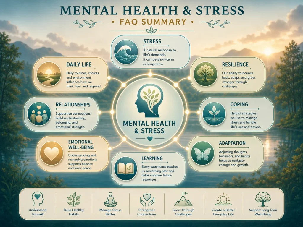 Mental Health and Stress FAQ Summary Mental Health and Stress FAQ summary infographic showing stress, resilience, coping, adaptation, emotions, and well-being.