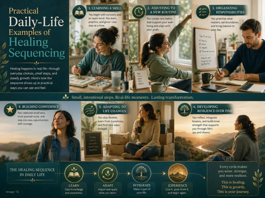 Daily-life collage showing learning, adaptation, routines, organization, confidence, and resilience.