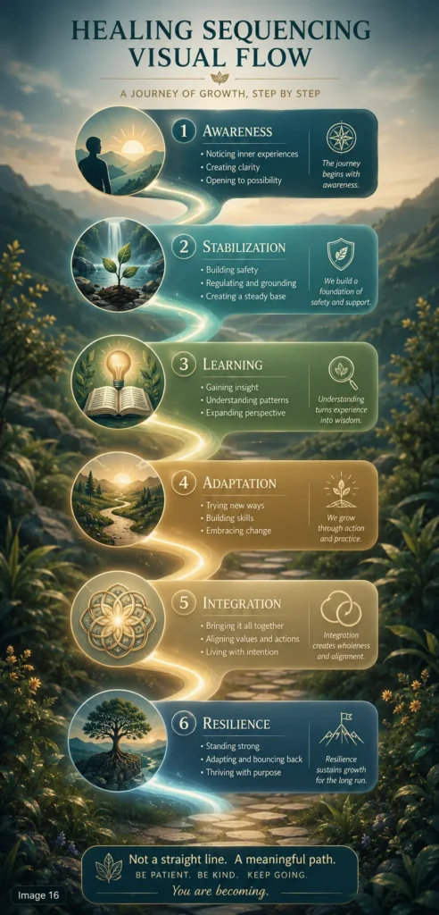 Vertical Healing Sequencing flow infographic showing awareness, stabilization, learning, adaptation, integration, and resilience.