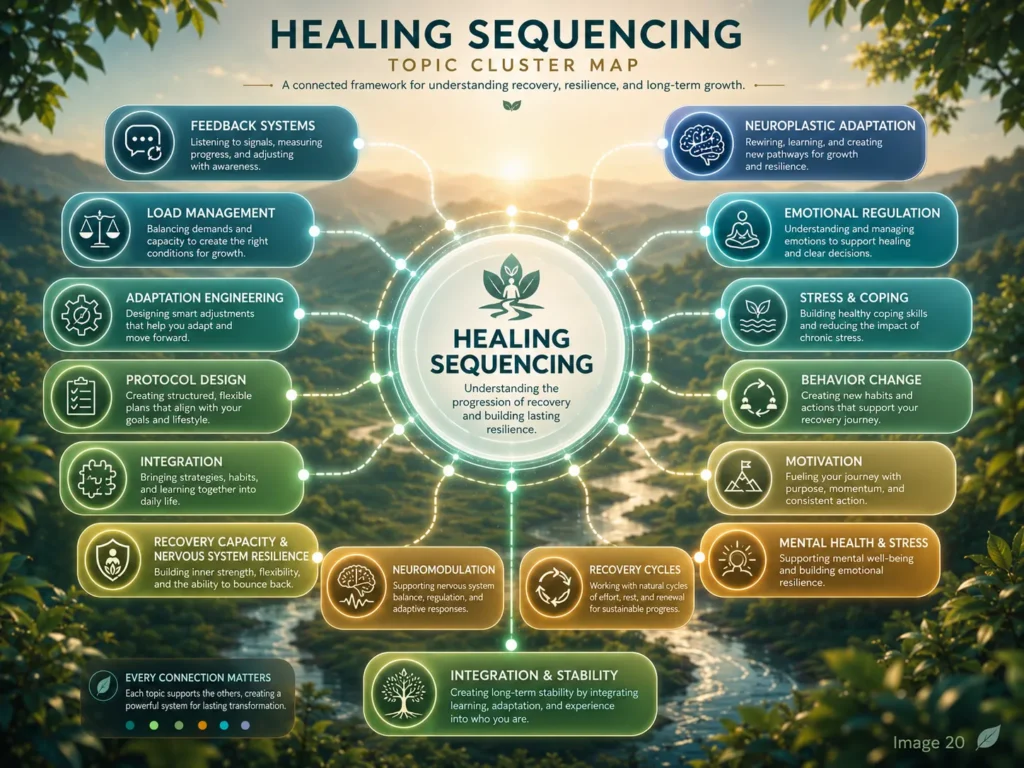 Healing Sequencing topic cluster infographic connecting feedback systems, load management, adaptation engineering, integration, resilience, neuromodulation, and human systems.