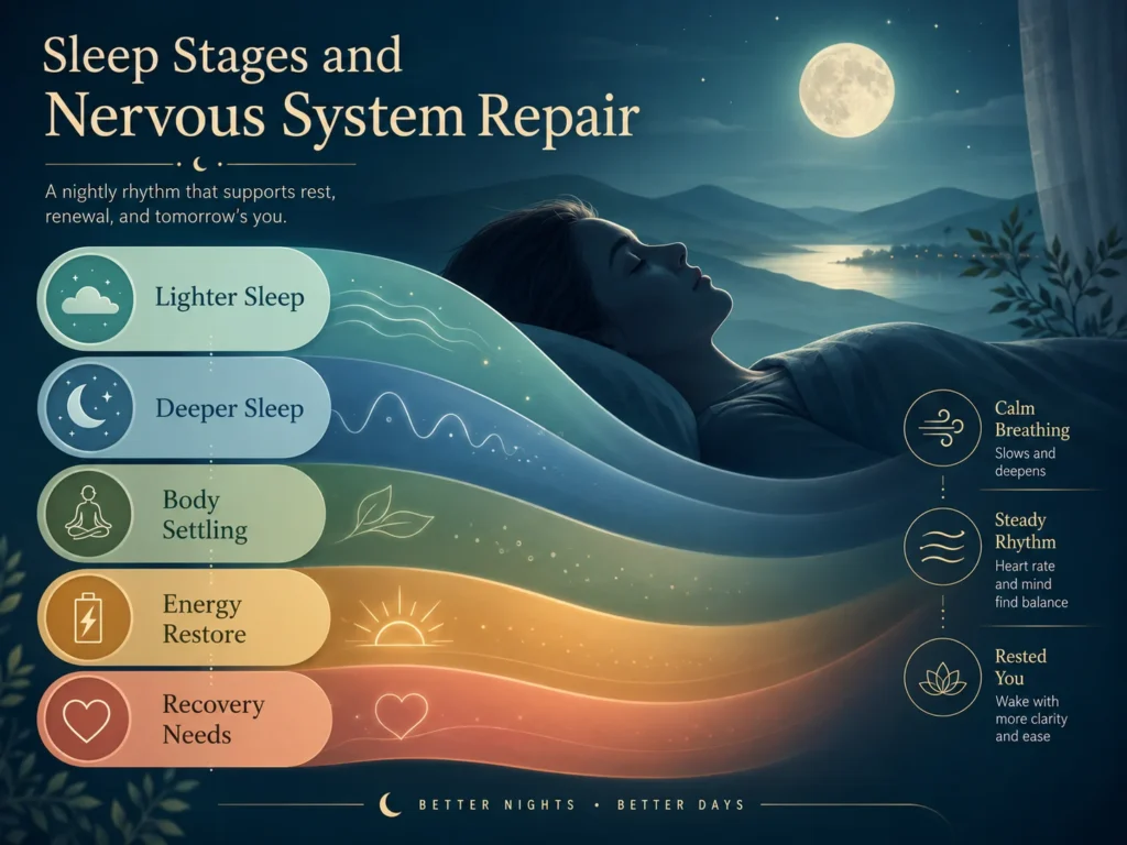Sleep Stages and Nervous System Repair Non-REM Sleep Infographic Sleep Stages and Nervous System Repair non-REM sleep infographic showing lighter sleep, deeper sleep, body settling, energy restore, and recovery needs