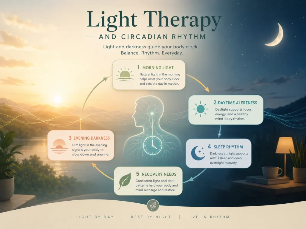 Light Therapy and Circadian Rhythm Education Light Therapy circadian rhythm infographic showing morning light, evening darkness, sleep rhythm, alertness, and recovery needs