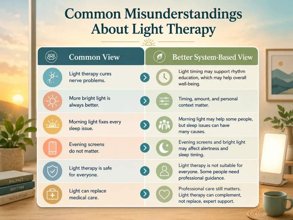 Light Therapy Common Misunderstandings InfographicMeta Description: Light Therapy comparison infographic showing common views and safer system-based views about light timing and nervous system recovery education