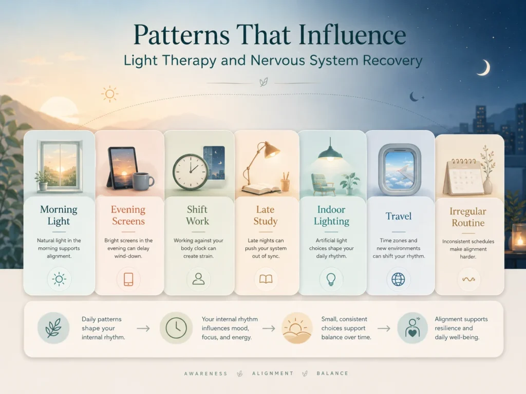 Light Therapy Daily Patterns Infographic Light Therapy daily patterns infographic showing morning light, evening screens, shift work, late study, indoor lighting, travel, and irregular routine