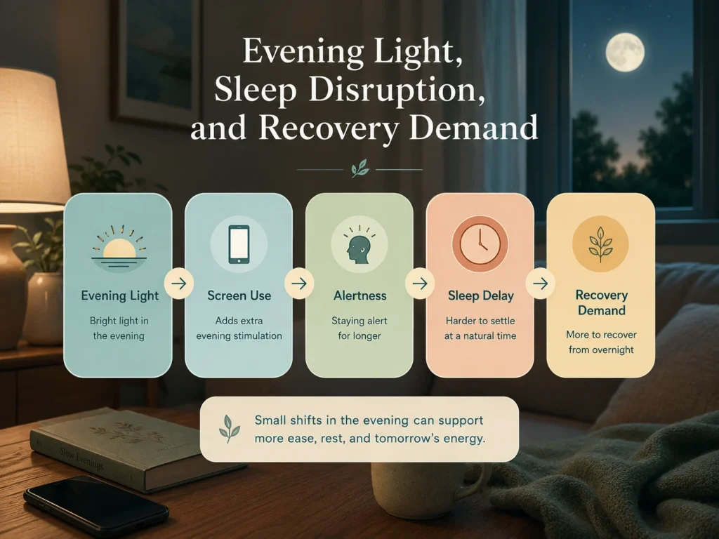 Light Therapy Evening Light and Sleep Disruption Light Therapy evening light infographic showing screen use, alertness, sleep delay, and recovery demand