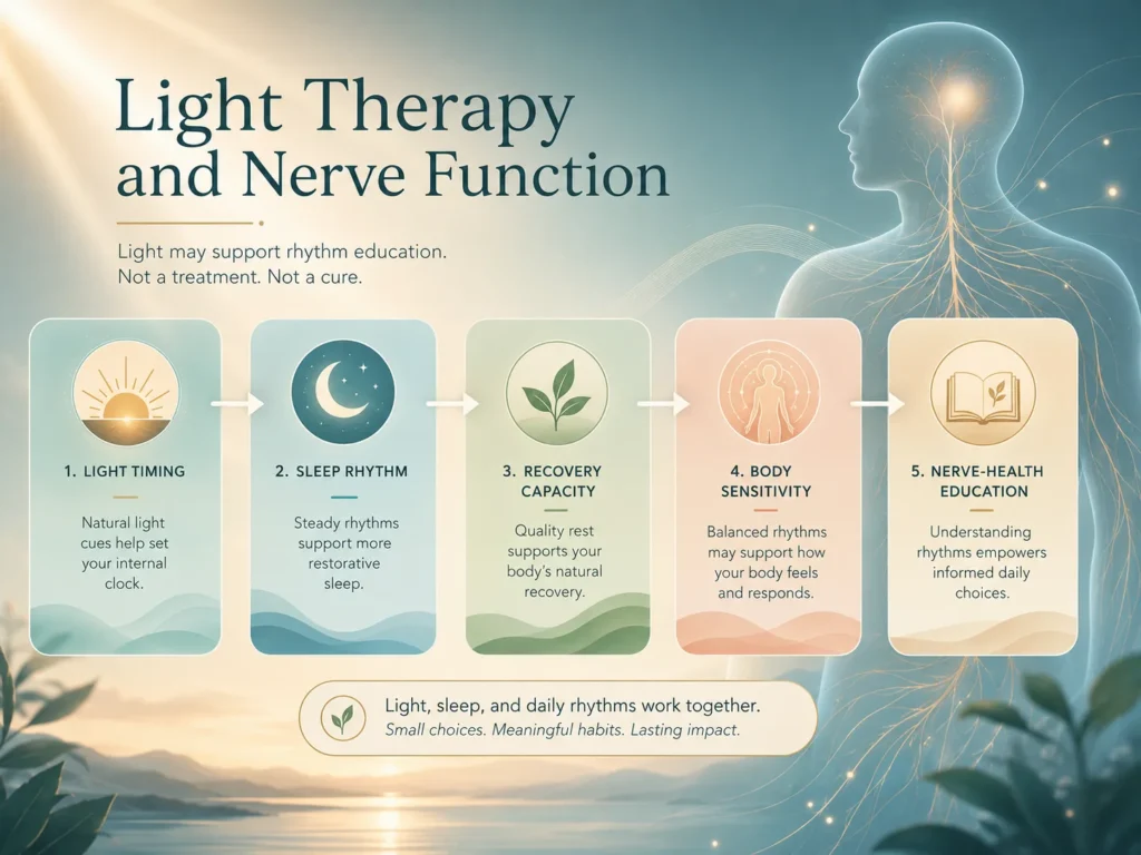 Light Therapy and Nerve Function Education Light Therapy and Nerve Function infographic showing light timing, sleep rhythm, recovery capacity, body sensitivity, and nerve-health education