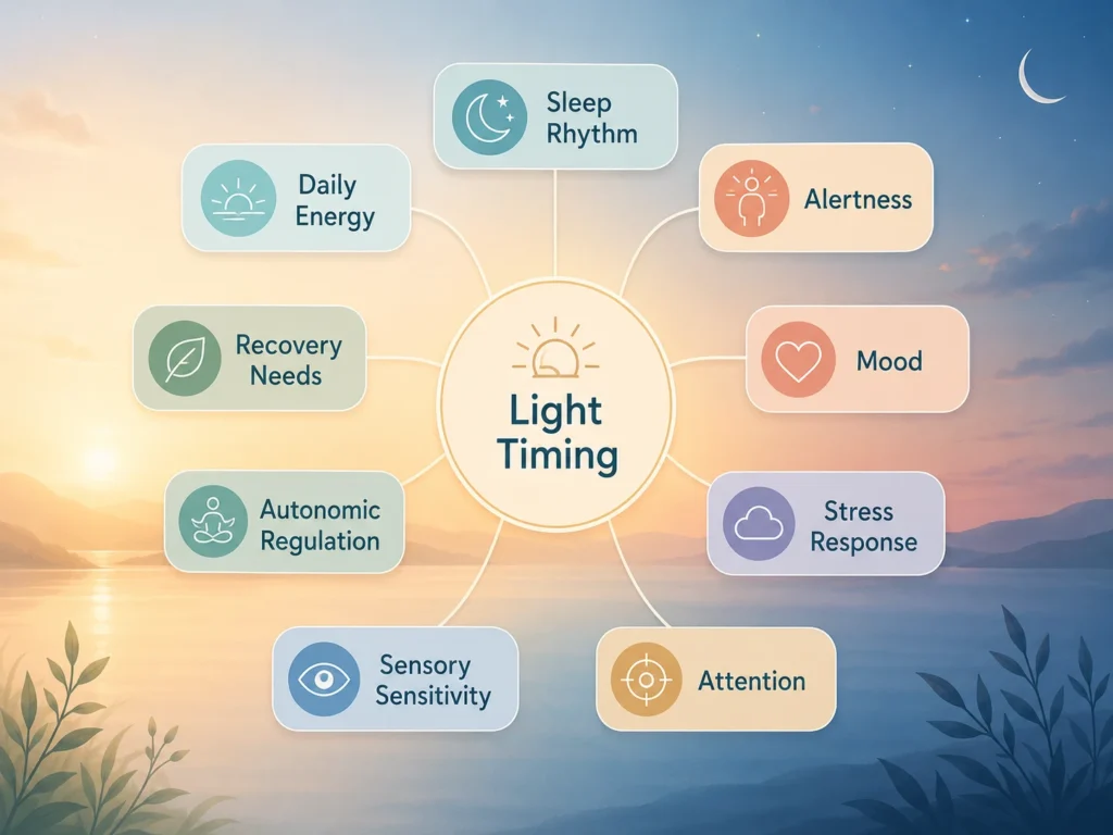 Light Therapy and Nervous System Recovery Light Therapy interactions map with sleep rhythm, alertness, mood, stress response, autonomic regulation, attention, sensory sensitivity, and recovery needs