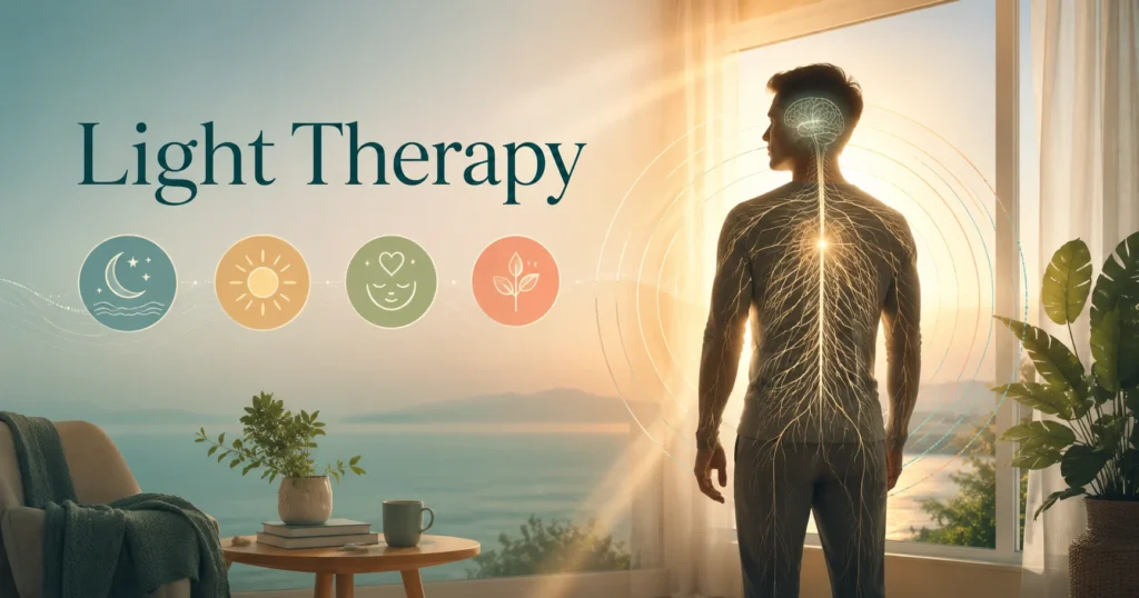 Light Therapy and Nervous System Recovery Hero Image Light Therapy and Nervous System Recovery hero image showing morning light, sleep rhythm, alertness, and calm nervous system education