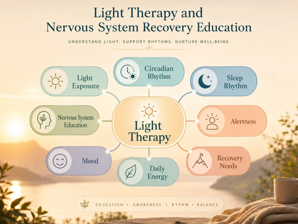 Light Therapy and Nervous System Recovery System Map Light Therapy and Nervous System Recovery system map with light exposure, circadian rhythm, sleep rhythm, alertness, mood, daily energy, and recovery needs