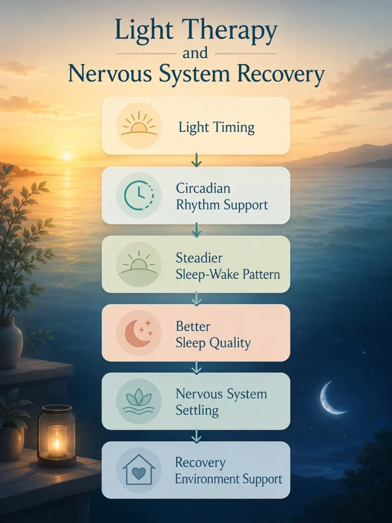 Light Therapy and Nervous System Recovery Visual FlowMeta Description: Light Therapy and Nervous System Recovery visual flow showing light timing, circadian rhythm support, sleep-wake pattern, sleep quality, nervous system settling, and recovery support