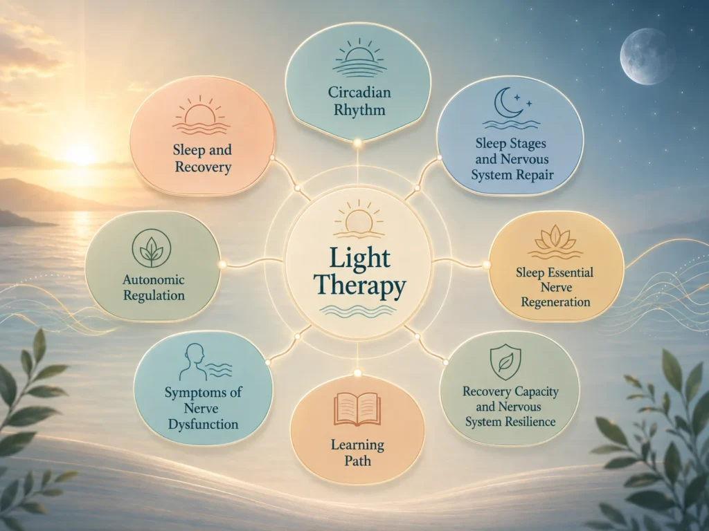 Light Therapy Related Systems Map Light Therapy related systems map connecting circadian rhythm, sleep recovery, sleep stages, sleep essential nerve regeneration, recovery capacity, autonomic regulation, symptoms, and learning path