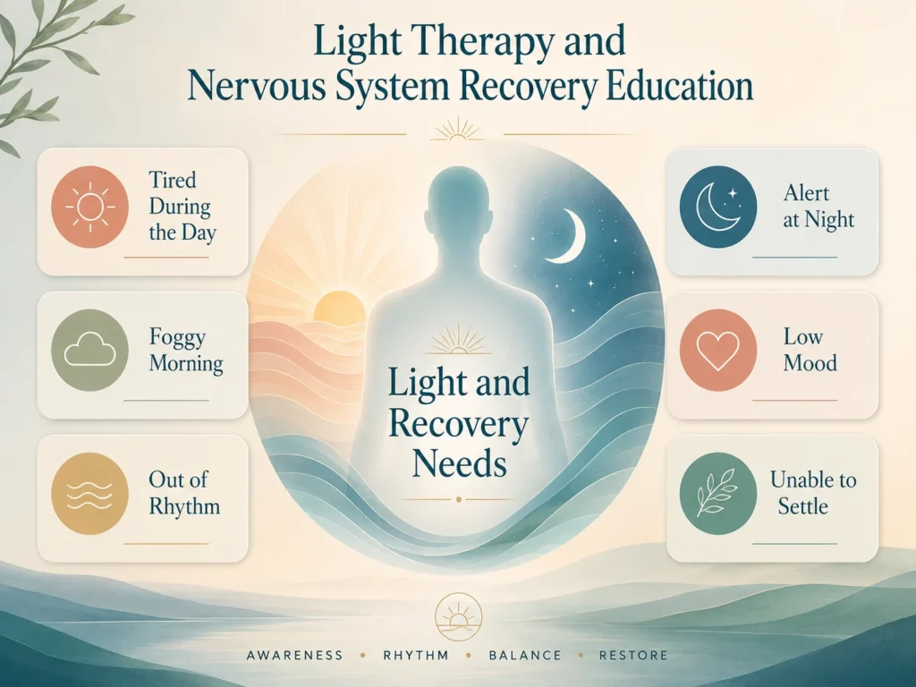 Light Therapy Symptom Language Bridge Light Therapy symptom language infographic showing tired during the day, alert at night, foggy morning, low mood, out of rhythm, and recovery needs