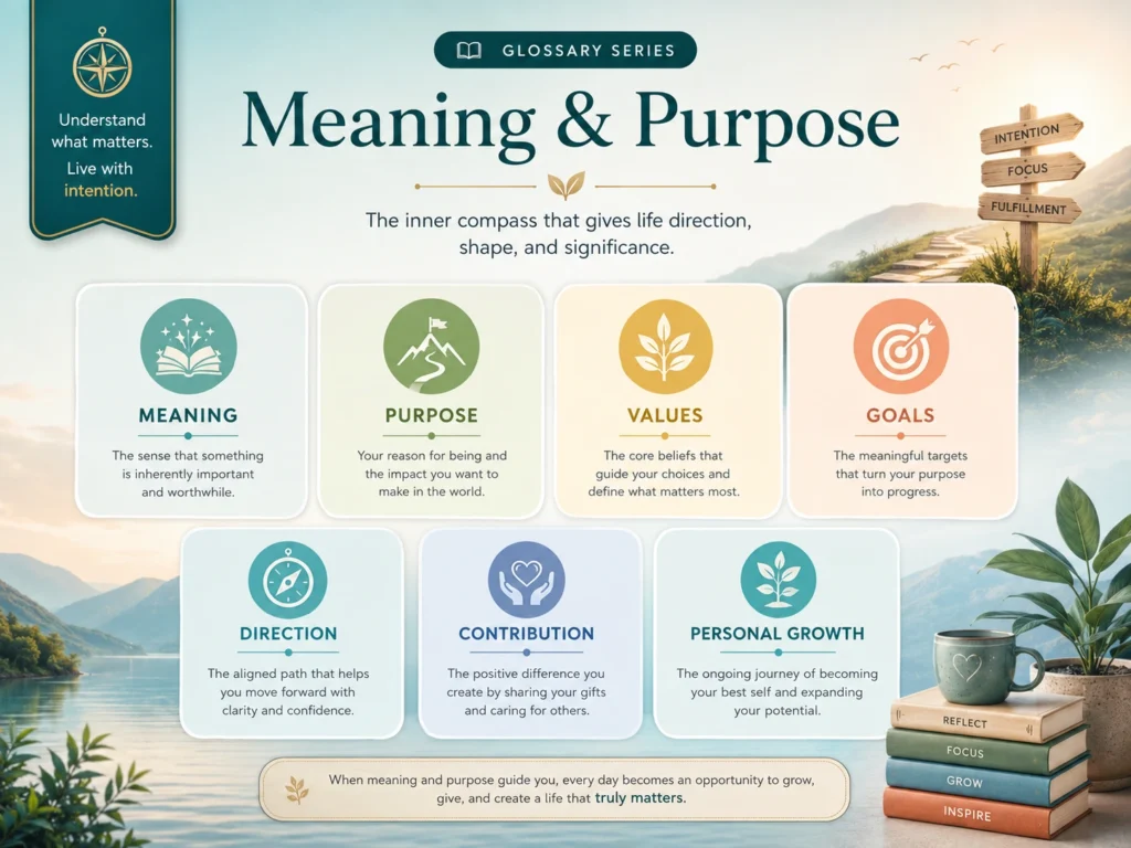 Meaning & Purpose Glossary Image Meaning & Purpose glossary image with cards for values, goals, direction, contribution, and personal growth.