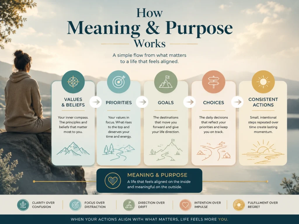 How Meaning & Purpose Works Meaning & Purpose visual showing values, priorities, goals, choices, and consistent daily actions.