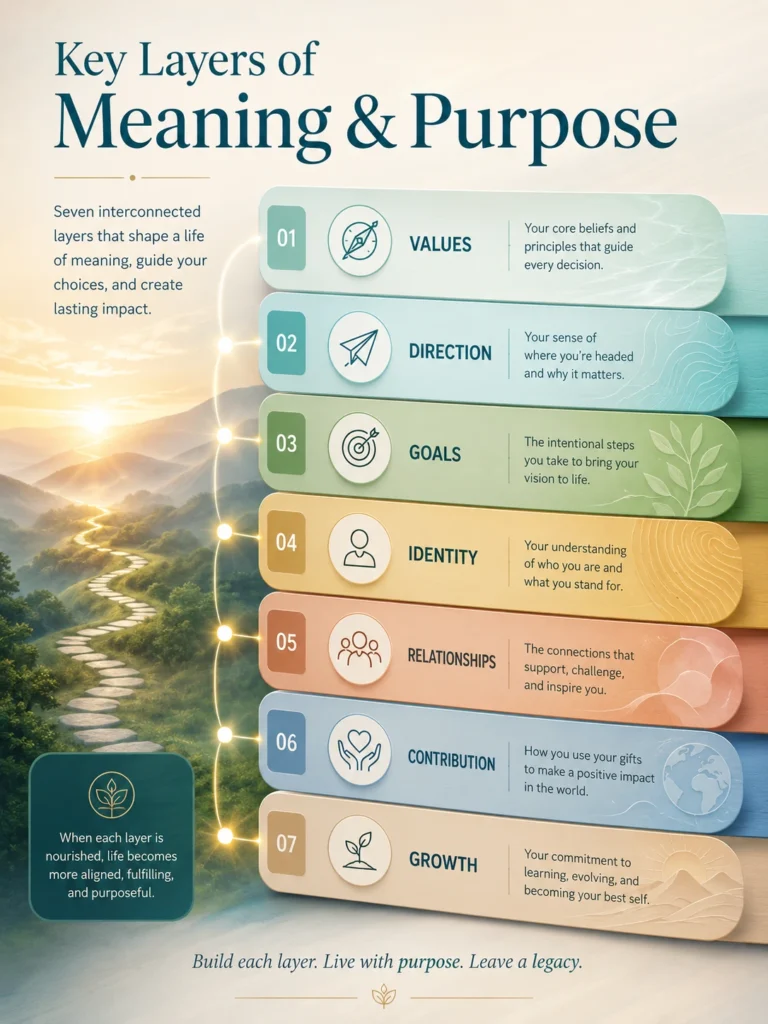 Key Layers of Meaning & Purpose Key layers of Meaning & Purpose infographic with values, direction, goals, identity, relationships, contribution, and growth.