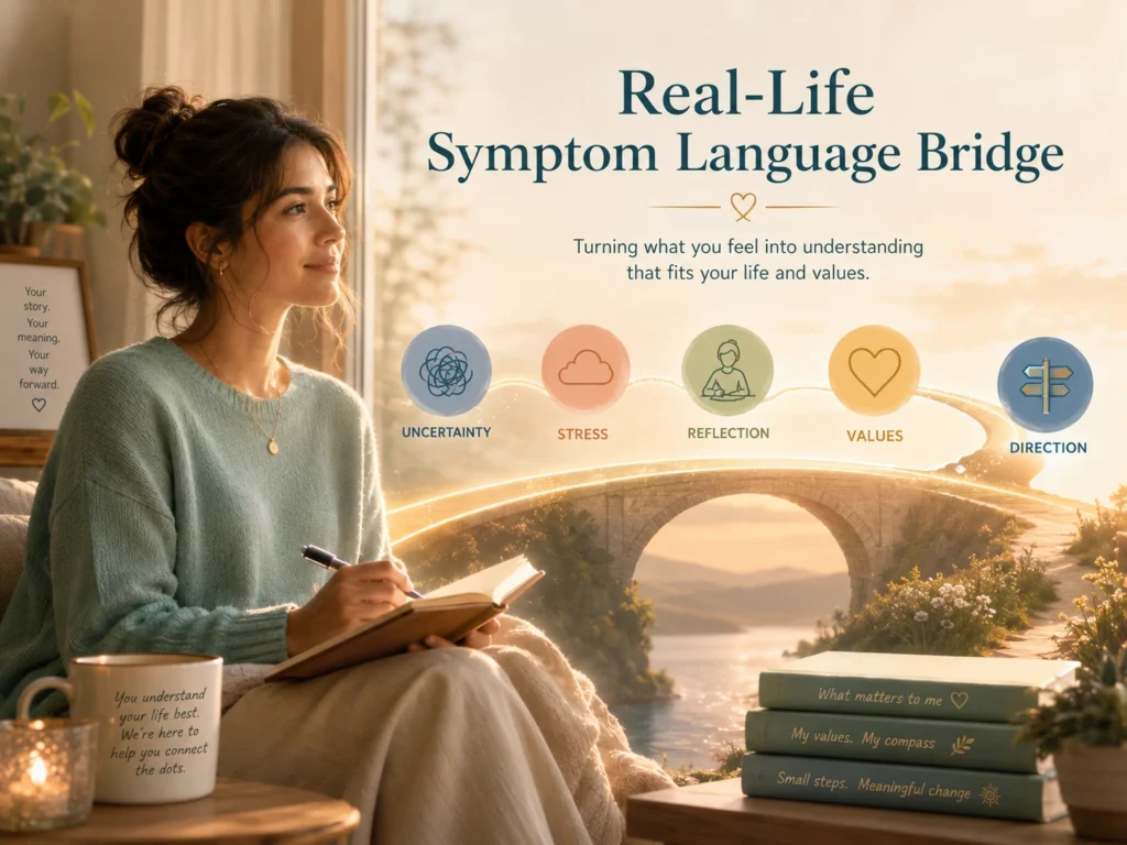 Meaning & Purpose Symptom Language Bridge Meaning & Purpose image showing a calm person reflecting with a journal, values, uncertainty, and life direction symbols.Meaning & Purpose image showing a calm person reflecting with a journal, values, uncertainty, and life direction symbols.