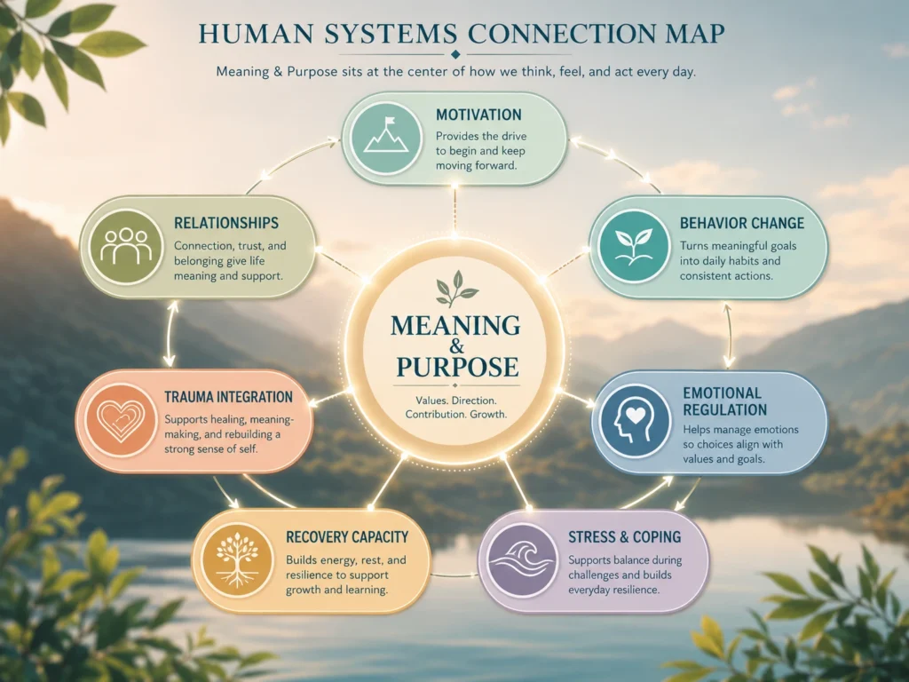 Meaning & Purpose and Human Systems Meaning & Purpose Human Systems map connected to motivation, behavior change, emotional regulation, stress coping, recovery capacity, trauma integration, and relationships.