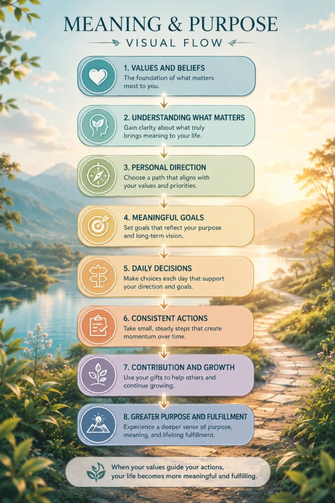 Meaning & Purpose Visual Flow Meaning & Purpose visual flow from values and beliefs to direction, goals, daily decisions, contribution, growth, and fulfillment.