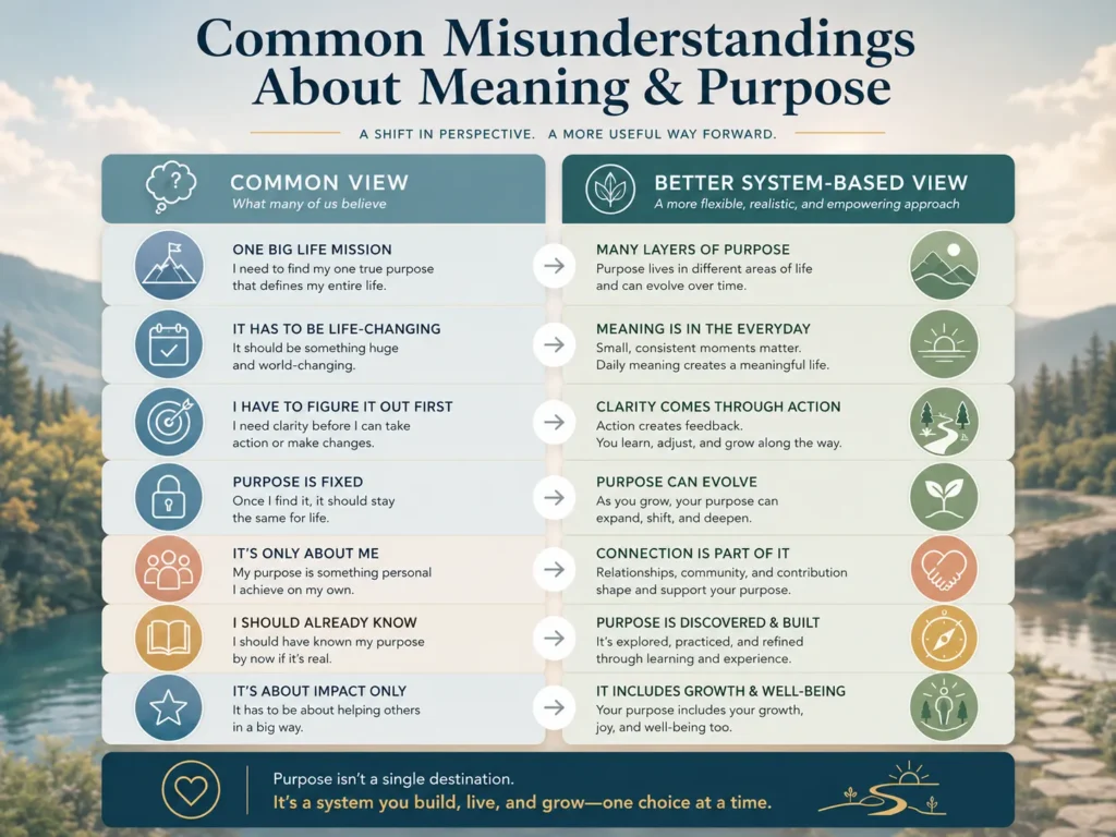 Common Misunderstandings About Meaning & Purpose Common misunderstandings about Meaning & Purpose comparison infographic with common view and better system-based view.