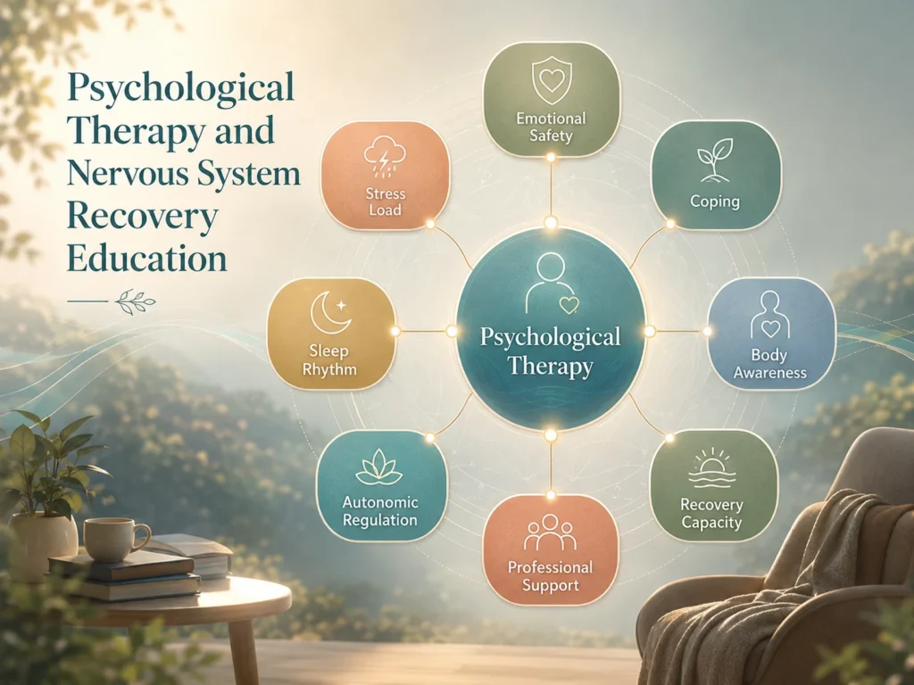 Psychological Therapy system map with emotional safety, stress load, coping, sleep rhythm, body awareness, autonomic regulation, recovery capacity, and professional support