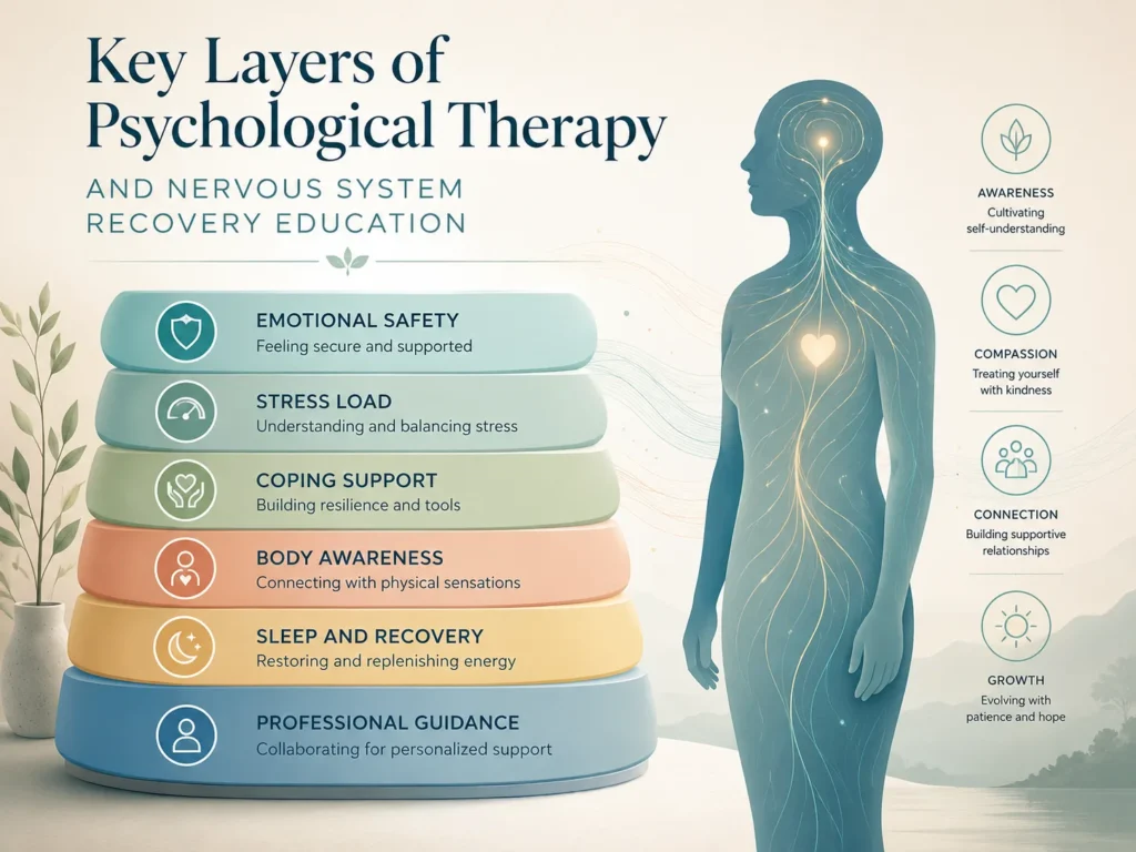 Psychological Therapy key layers infographic showing emotional safety, stress load, coping support, body awareness, sleep and recovery, and professional guidance