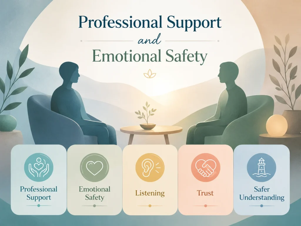 Psychological Therapy image showing professional support, emotional safety, listening, trust, and safer understanding