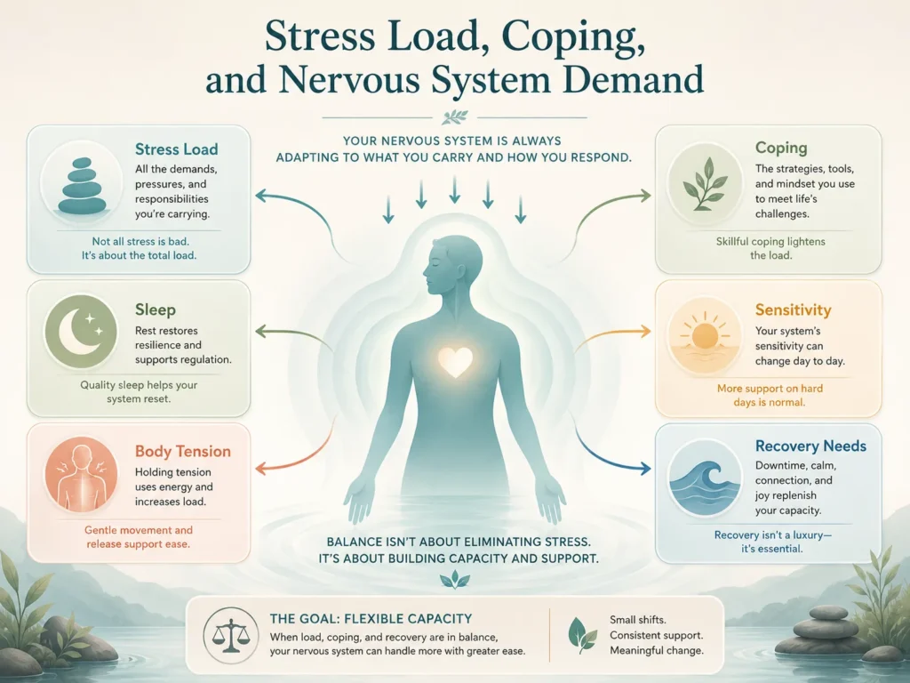 Psychological Therapy stress load infographic showing coping, sleep, body tension, sensitivity, and recovery needs