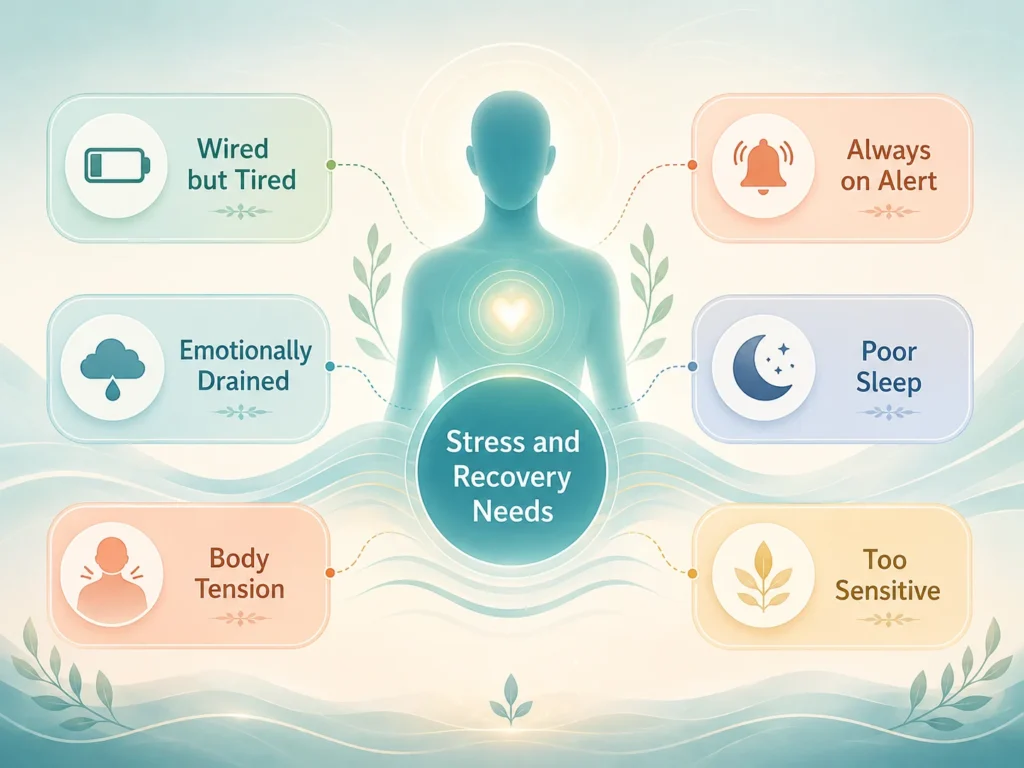 Psychological Therapy symptom language infographic showing wired but tired, always on alert, emotionally drained, poor sleep, body tension, and sensitivity