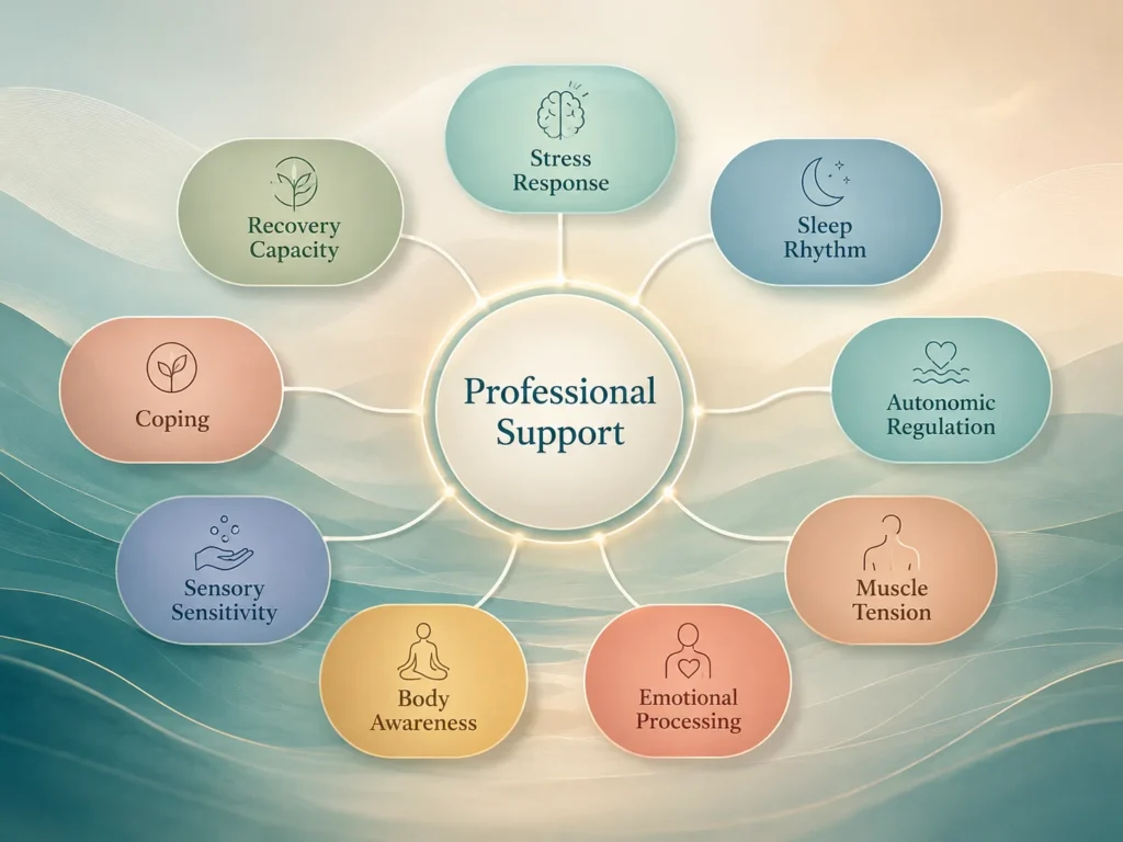 Psychological Therapy interactions map with stress response, sleep rhythm, autonomic regulation, muscle tension, emotional processing, body awareness, coping, and recovery capacity