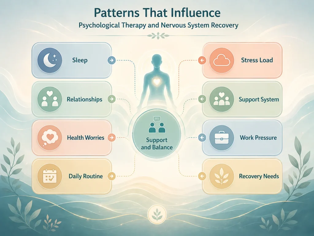 Psychological Therapy daily patterns infographic showing sleep, relationships, health worries, daily routine, stress load, support system, work pressure, and recovery needs