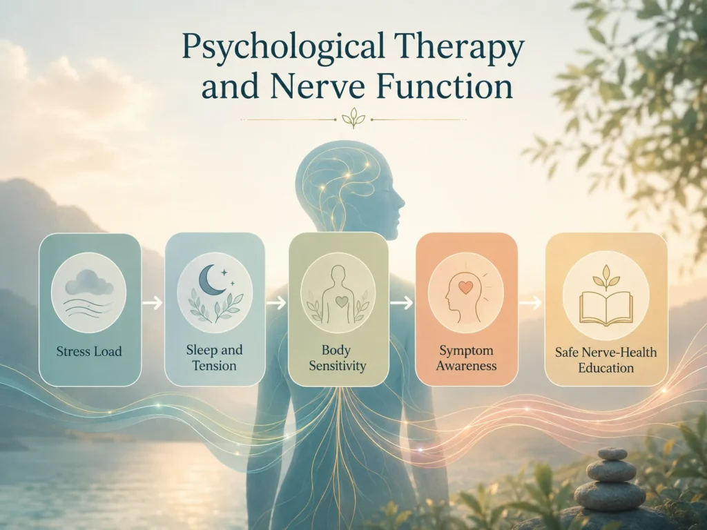 Psychological Therapy and Nerve Function infographic showing stress load, sleep and tension, body sensitivity, symptom awareness, and safe nerve-health education