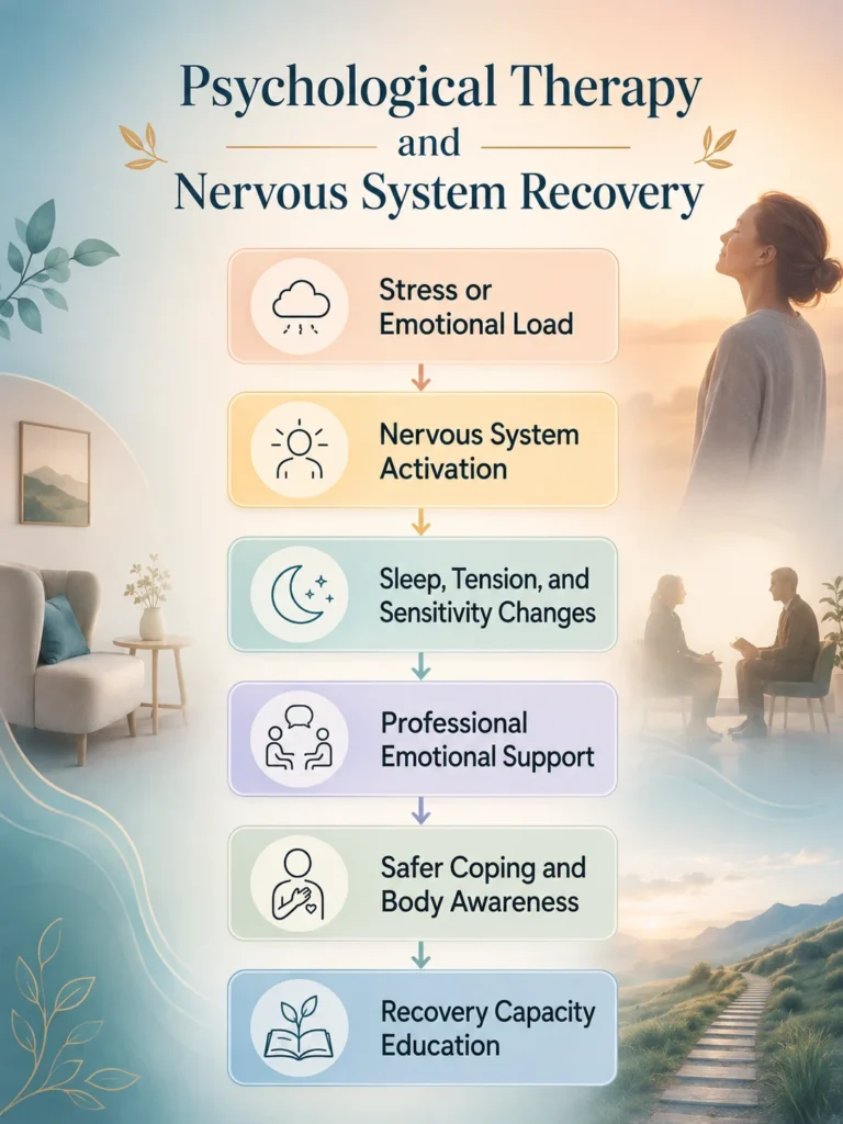 Psychological Therapy visual flow showing stress load, nervous system activation, sleep and tension changes, professional support, coping, and recovery education