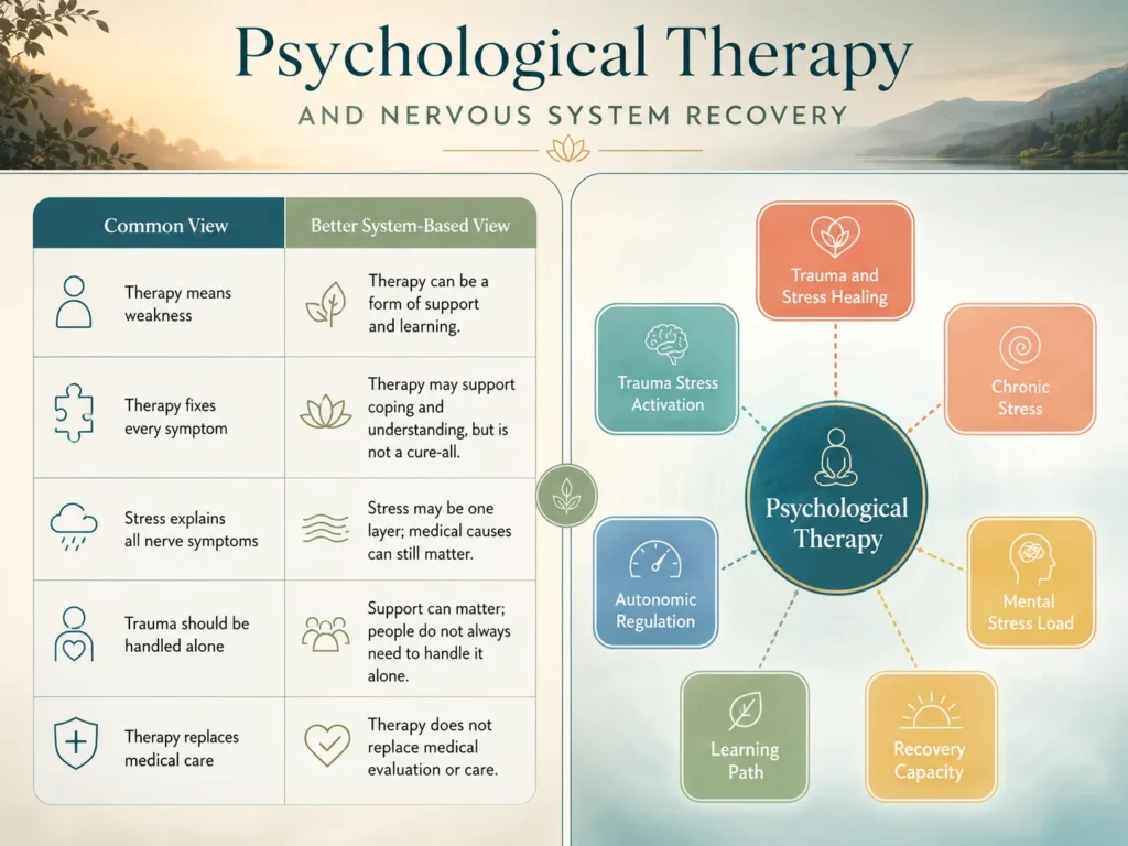 Psychological Therapy infographic showing common misunderstandings and related systems including trauma healing, stress activation, chronic stress, mental stress, recovery capacity, autonomic regulation, and learning path