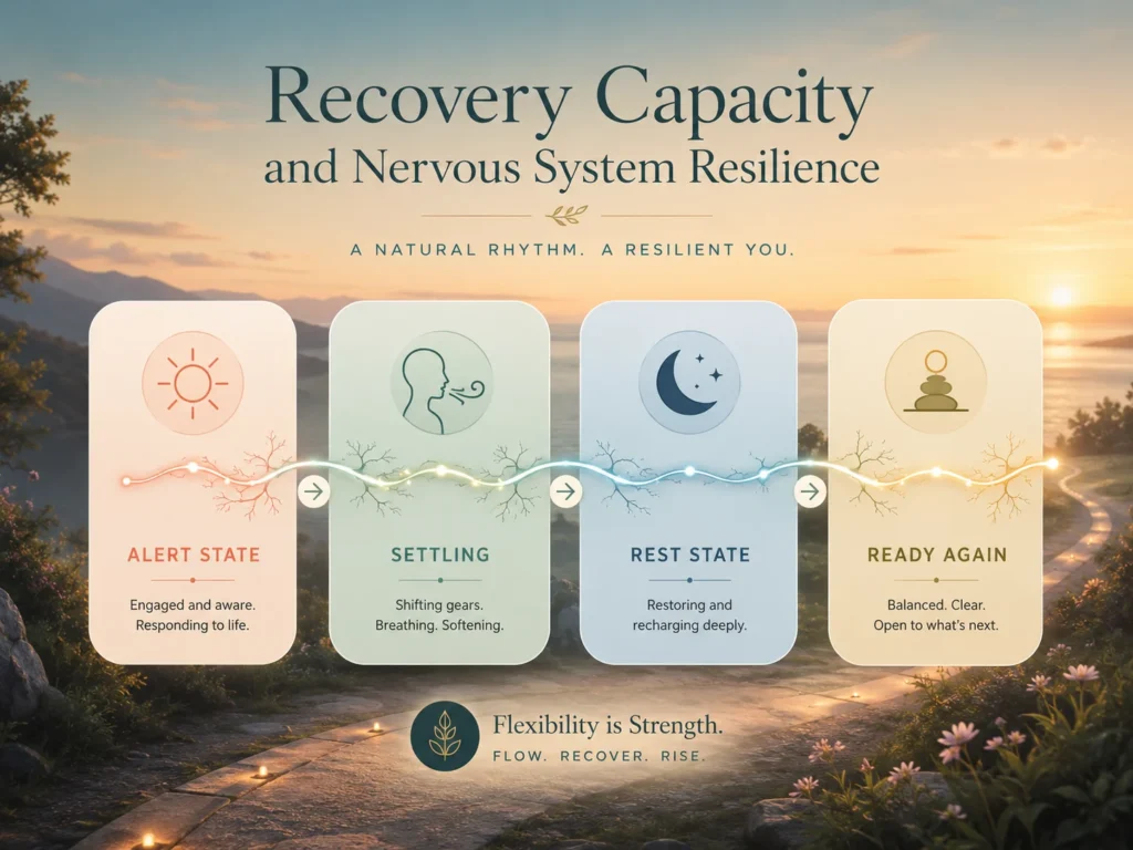 Recovery Capacity and Nervous System Resilience Flexibility Layer Recovery Capacity and Nervous System Resilience flexibility infographic showing alert state, settling, rest state, and ready again
