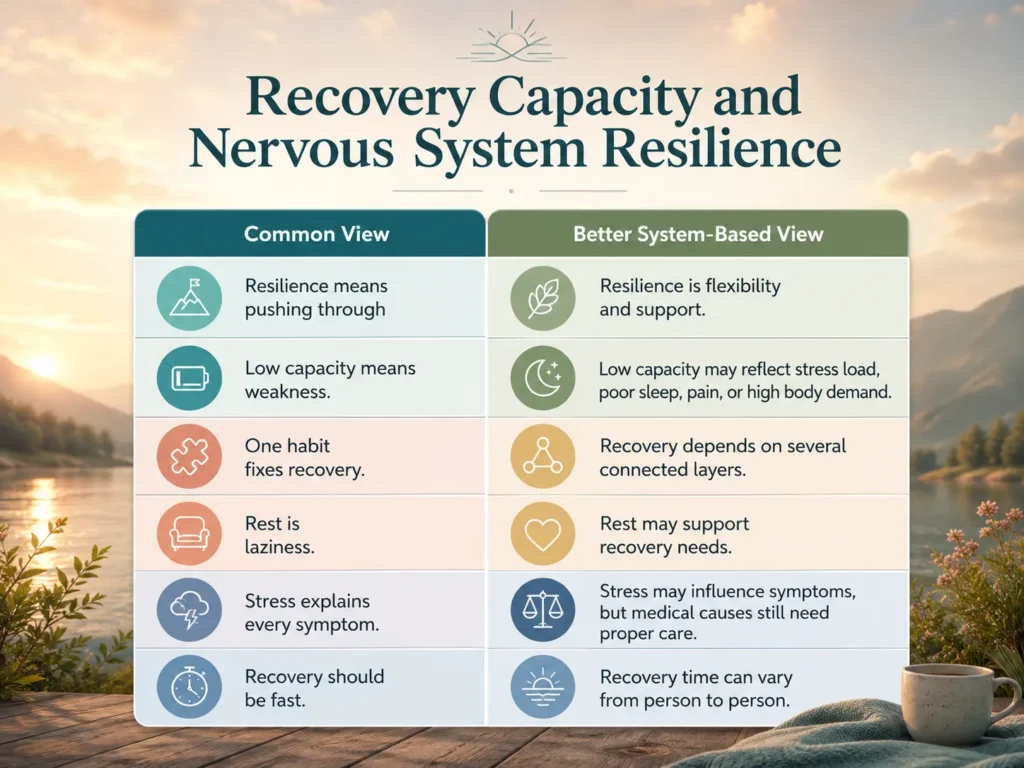 Recovery Capacity and Nervous System Resilience Misunderstandings Recovery Capacity and Nervous System Resilience comparison infographic showing common views and better system-based views