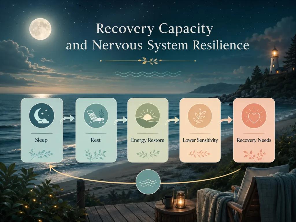 Recovery Capacity and Nervous System Resilience Sleep and Rest Layer Recovery Capacity and Nervous System Resilience sleep and rest infographic showing rest, energy restore, lower sensitivity, and recovery needs