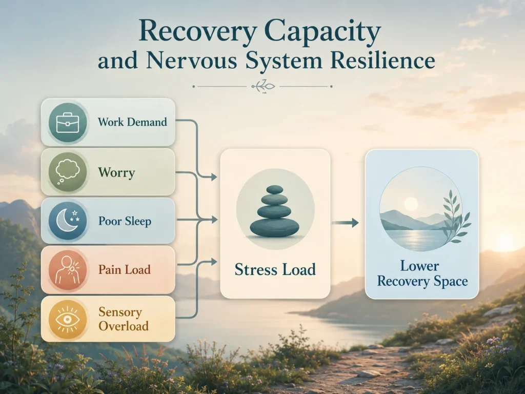 Recovery Capacity and Nervous System Resilience Stress Load Layer Recovery Capacity and Nervous System Resilience stress load infographic showing worry, poor sleep, pain load, sensory overload, and lower recovery space