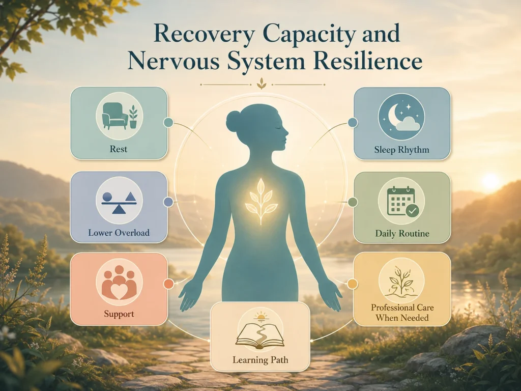 Recovery Capacity and Nervous System Resilience Support Environment Recovery Capacity and Nervous System Resilience support environment illustration with rest, sleep rhythm, lower overload, support, routine, professional care, and learning path