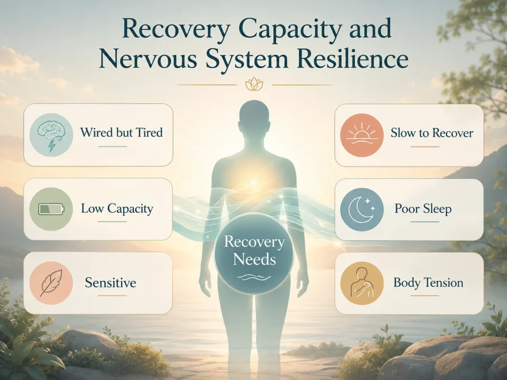 Recovery Capacity and Nervous System Resilience Symptom Language Bridge Recovery Capacity and Nervous System Resilience symptom language infographic with wired but tired, low capacity, sensitivity, poor sleep, and body tension