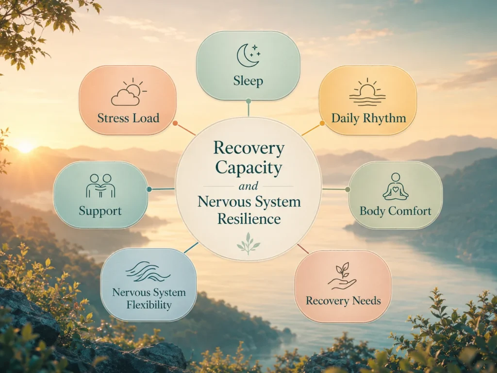 Recovery Capacity and Nervous System Resilience System Map Recovery Capacity and Nervous System Resilience system map with sleep, stress load, rhythm, support, body comfort, and flexibility nodes