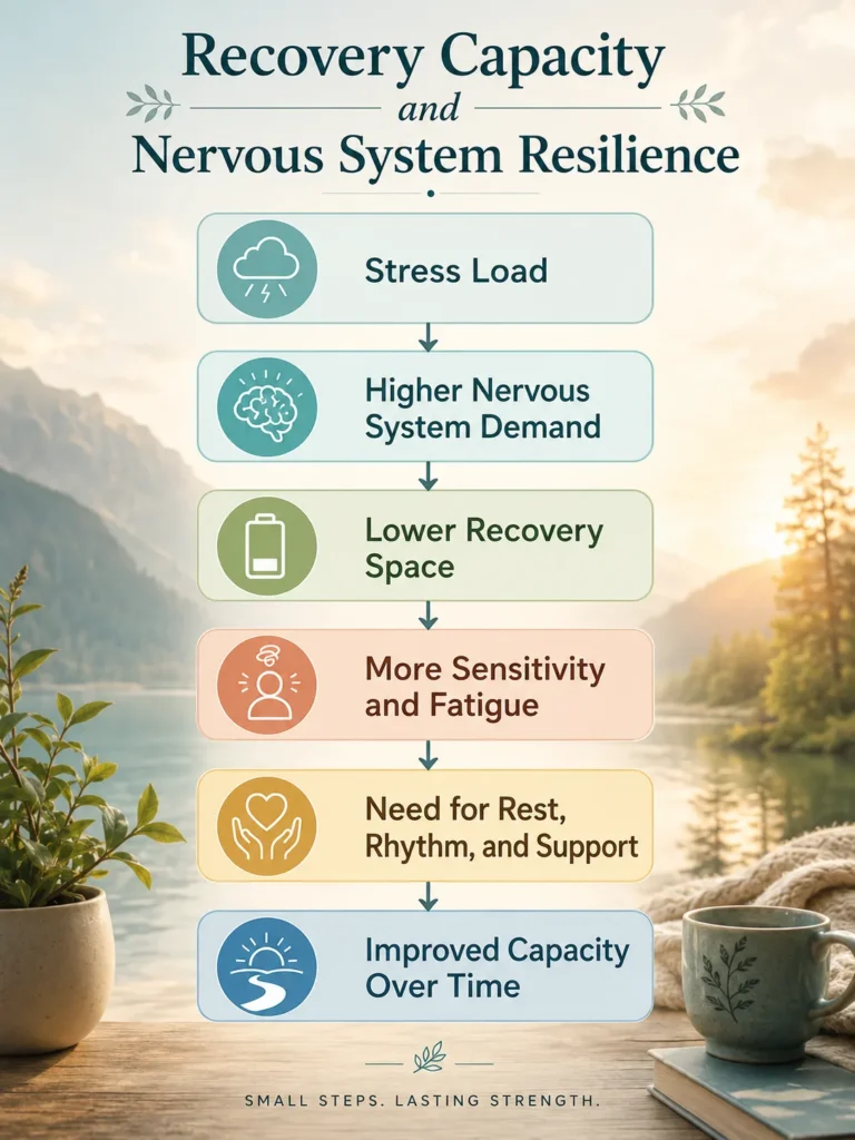 Recovery Capacity and Nervous System Resilience Visual Flow Recovery Capacity and Nervous System Resilience visual flow showing stress load, nervous system demand, lower recovery space, sensitivity, fatigue, rest, rhythm, and support