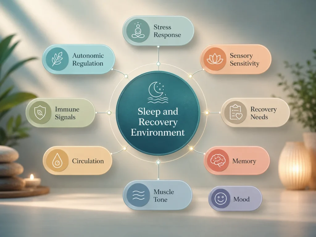 Sleep Essential Nerve Regeneration interactions map with stress response, autonomic regulation, immune signals, circulation, muscle tone, mood, memory, sensory sensitivity, and recovery needs