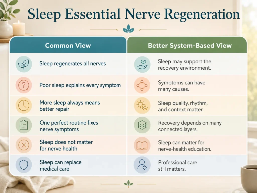 Sleep Essential Nerve Regeneration comparison infographic showing common views and safer system-based views about sleep and nerve-health education
