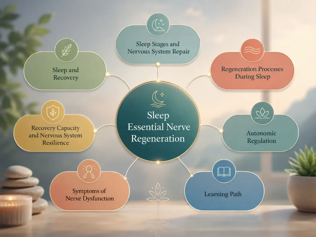 Sleep Essential Nerve Regeneration related systems map connecting sleep stages, sleep recovery, regeneration during sleep, recovery capacity, autonomic regulation, symptoms, and learning path