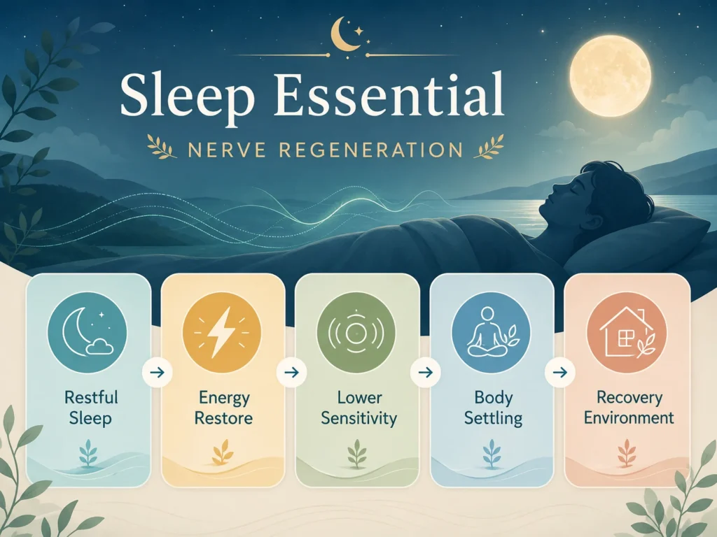 Sleep Essential Nerve Regeneration sleep quality infographic showing restful sleep, energy restore, lower sensitivity, body settling, and recovery environment